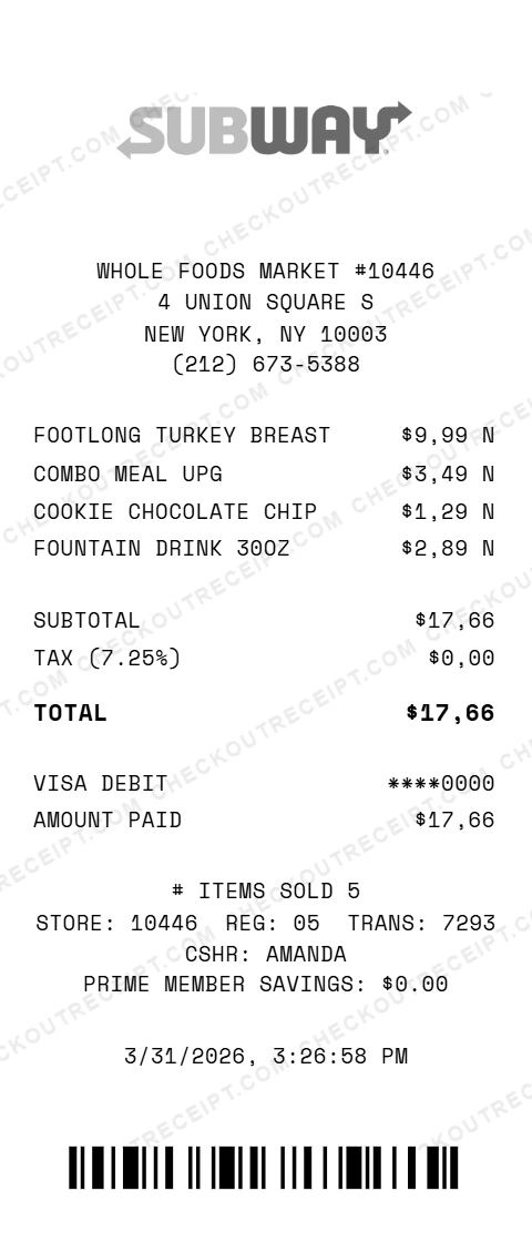 Subway restaurant receipt example generated with CheckoutReceipt