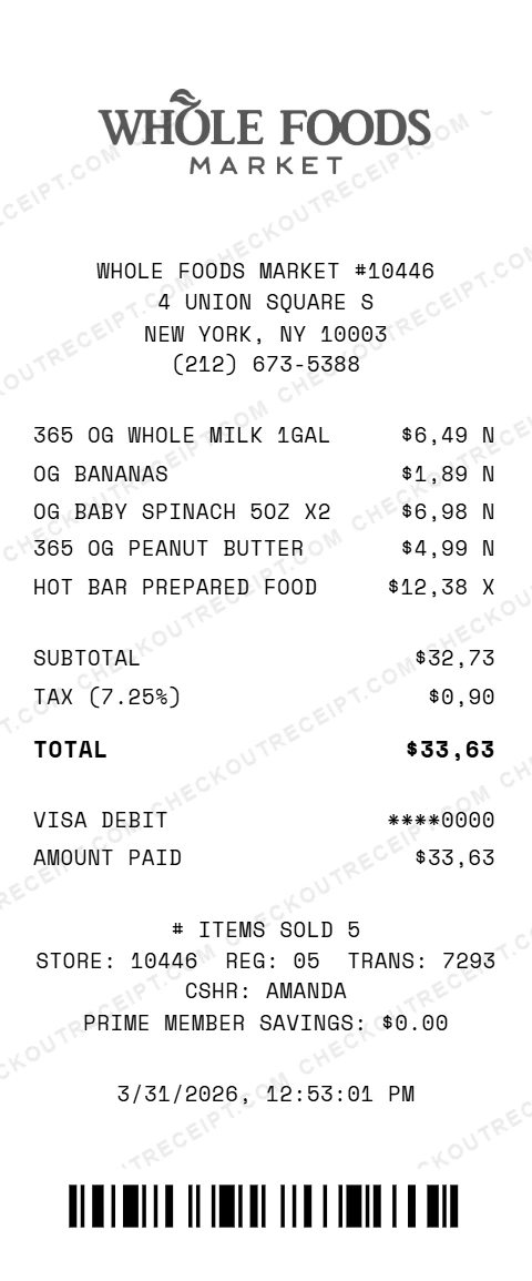 Whole Foods Market receipt example generated with CheckoutReceipt